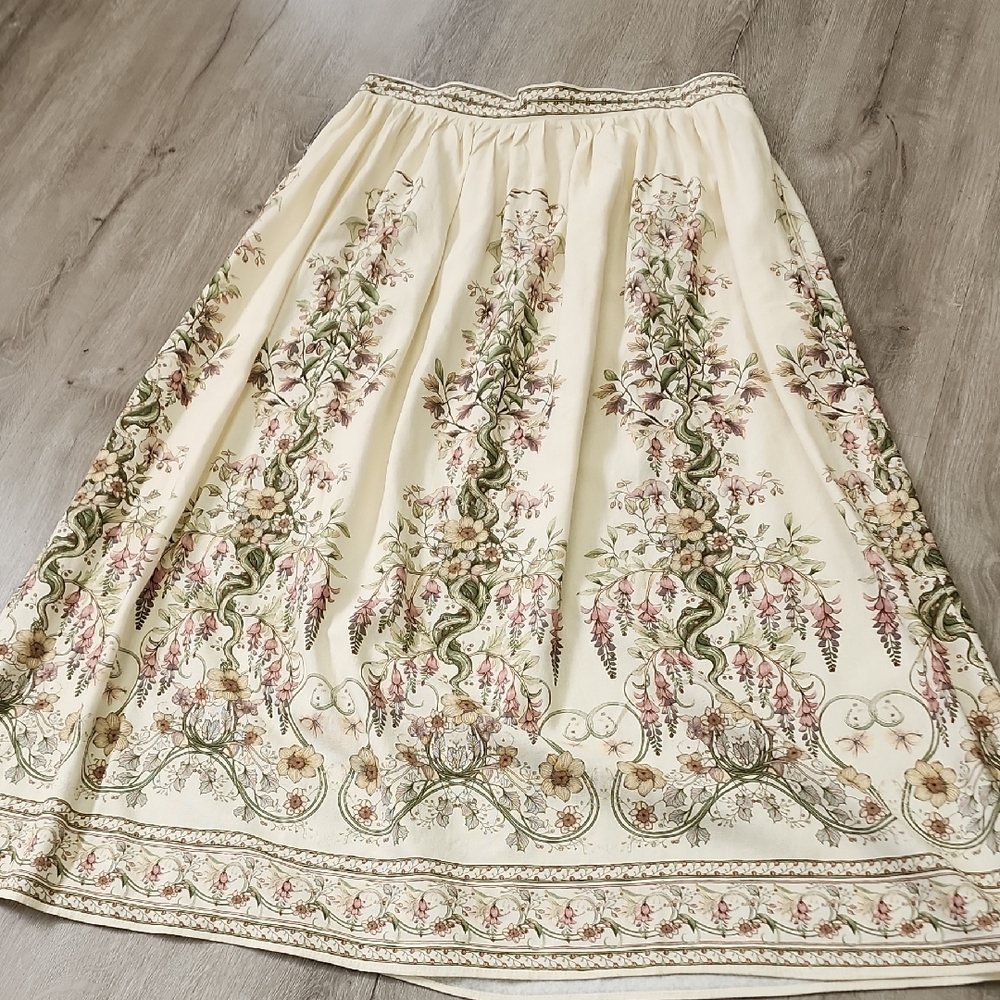 Max Studio Cream Maxi Skirt with Green and Pink Floral Scrolls
